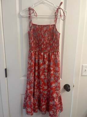 Odel Red Floral Printed Strappy Smocked Midi Dress
